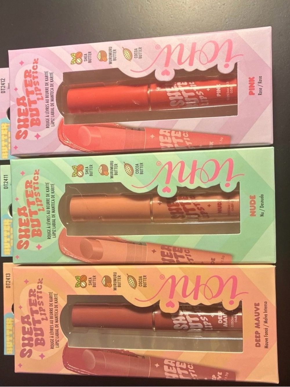 Shea Butter Sheer Lipstick Trio — Pink, Nude, Deep Mauve